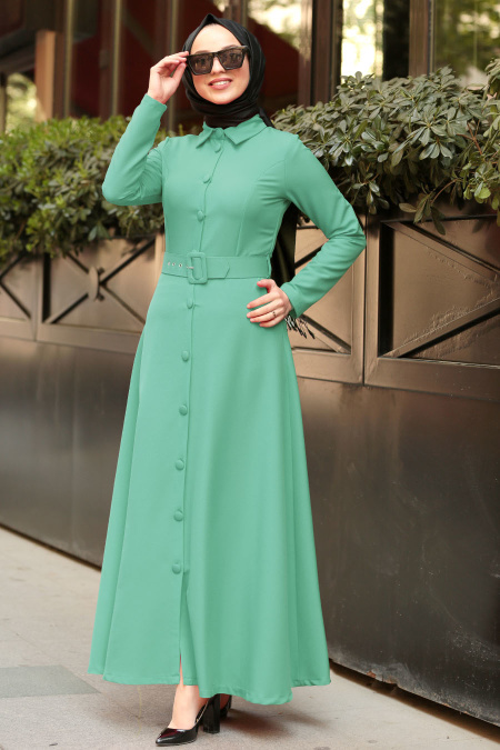 Nayla Collection - Düğmeli Çağla Yeşili Tesettür Elbise 5124CY