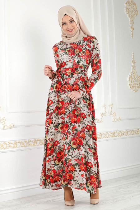 Nayla Collection - Düğmeli Çiçek Desenli Kırmızı Tesettür Elbise 1609K