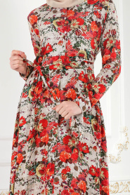 Nayla Collection - Düğmeli Çiçek Desenli Kırmızı Tesettür Elbise 1609K - Thumbnail