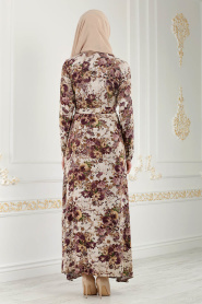 Nayla Collection - Düğmeli Çiçek Desenli Mürdüm Tesettür Elbise 1609MU - Thumbnail