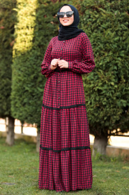 Nayla Collection - Düğmeli Ekoseli Bordo Tesettür Elbise 8391BR - Thumbnail