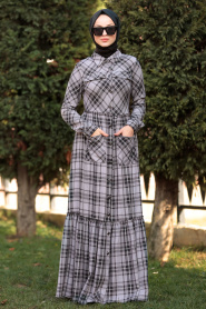 Nayla Collection - Düğmeli Ekoseli Gri Tesettür Elbise 8405GR - Thumbnail