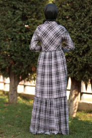 Nayla Collection - Düğmeli Ekoseli Gri Tesettür Elbise 8405GR - Thumbnail