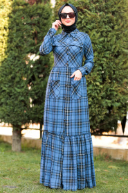 Nayla Collection - Düğmeli Ekoseli İndigo Mavisi Tesettür Elbise 8405IM - Thumbnail