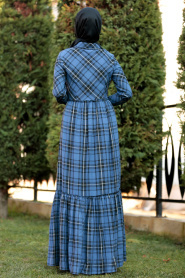Nayla Collection - Düğmeli Ekoseli İndigo Mavisi Tesettür Elbise 8405IM - Thumbnail