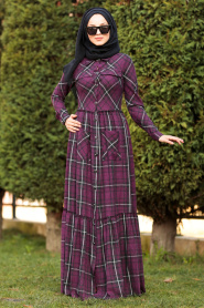 Nayla Collection - Düğmeli Ekoseli Mürdüm Tesettür Elbise 8405MU - Thumbnail