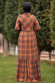 Nayla Collection - Düğmeli Ekoseli Taba Tesettür Elbise 8405TB - Thumbnail