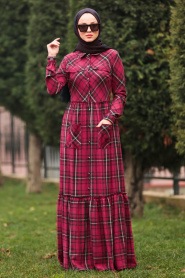 Nayla Collection - Düğmeli Ekoseli Vişne Tesettür Elbise 8405VSN - Thumbnail