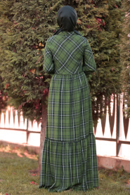 Nayla Collection - Düğmeli Ekoseli Yeşil Tesettür Elbise 8405Y - Thumbnail
