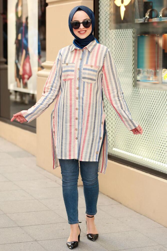 Nayla Collection - Düğmeli Ekru Tesettür Tunik 4091E - 1