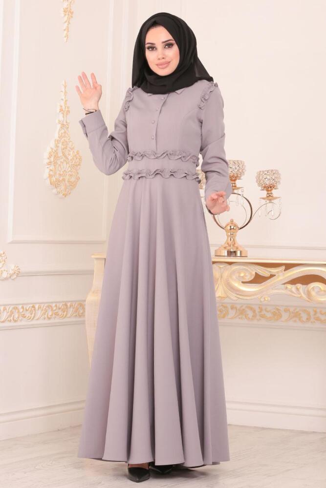 Nayla Collection - Düğmeli Gri Tesettür Elbise 1256GR - 1