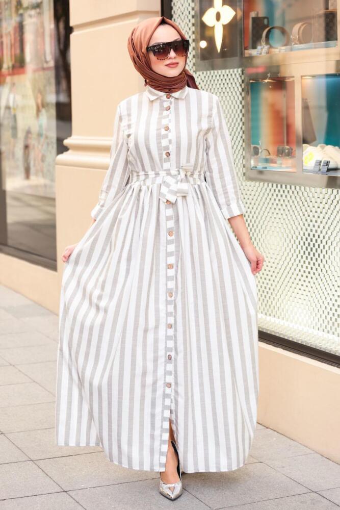 Nayla Collection - Düğmeli Gri Tesettür Elbise 162461GR - 1