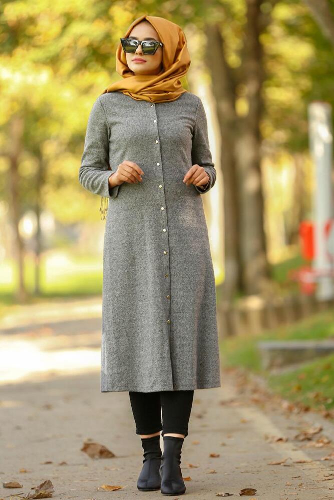 Nayla Collection - Düğmeli Gri Tesettür Kap 16266GR - 1