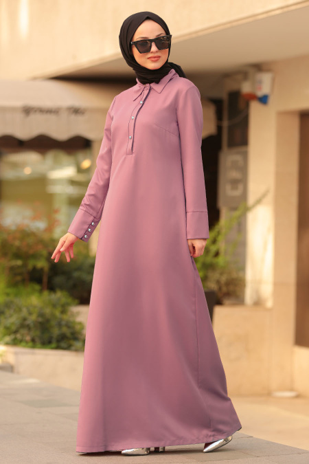 Nayla Collection - Düğmeli Gül Kurusu Tesettür Elbise 42221GK