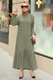 Nayla Collection - Düğmeli Haki Tesettür Elbise 31201HK - Thumbnail
