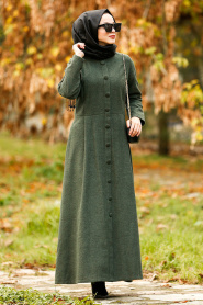 Nayla Collection - Düğmeli Haki Tesettür Kaşe Elbise 2488HK - Thumbnail