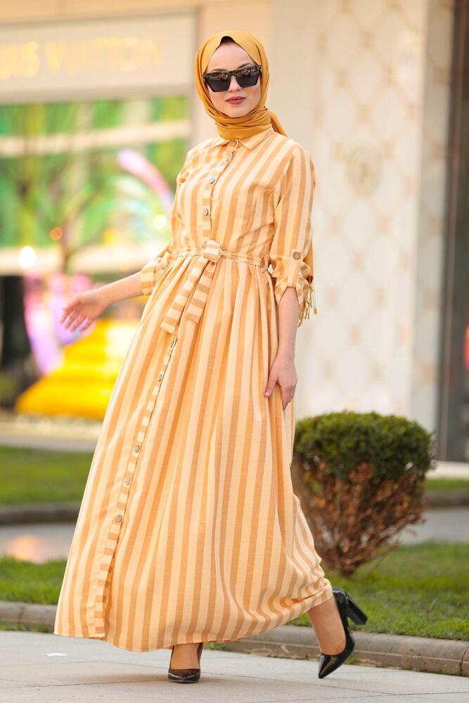 Nayla Collection - Düğmeli Hardal Tesettür Elbise 162462HR - 2