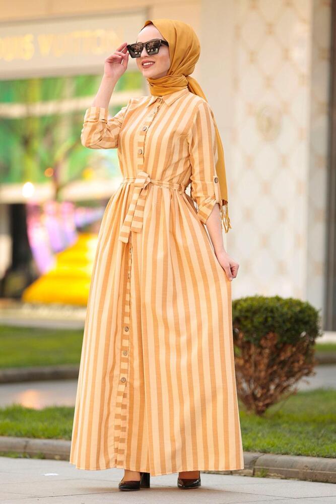 Nayla Collection - Düğmeli Hardal Tesettür Elbise 162462HR - 3