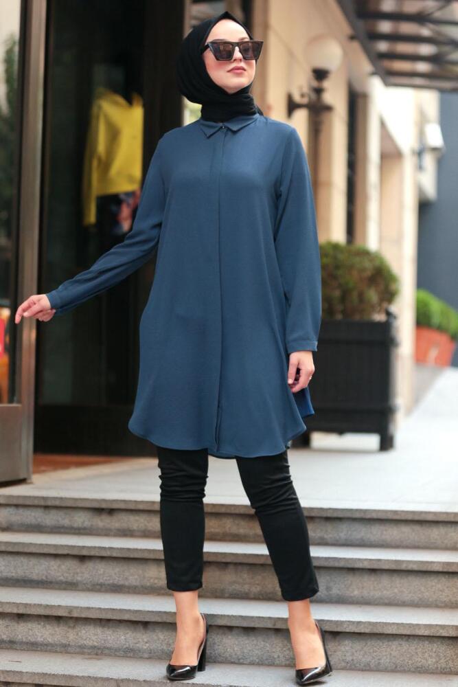 Nayla Collection - Düğmeli İndigo Mavisi Tesettür Tunik 253IM - 1