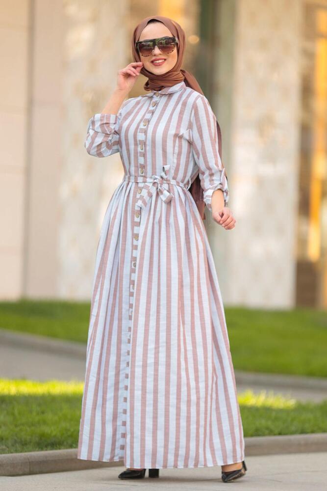 Nayla Collection - Düğmeli Kahverengi Tesettür Elbise 162460KH - 1