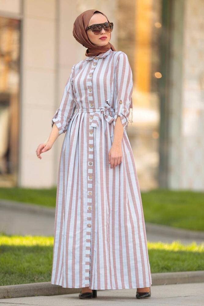 Nayla Collection - Düğmeli Kahverengi Tesettür Elbise 162460KH - 2