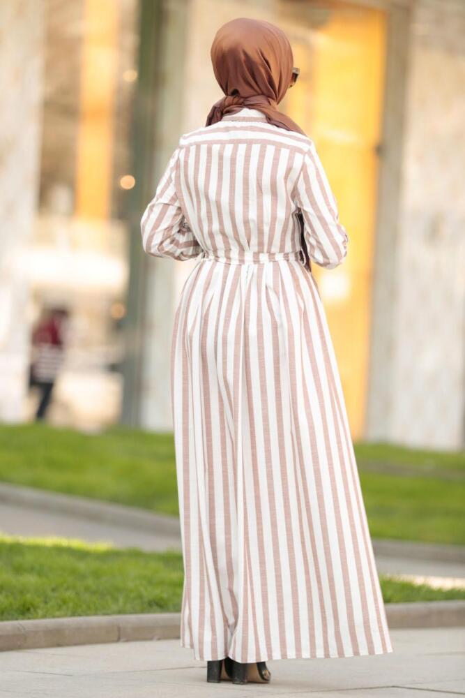 Nayla Collection - Düğmeli Kahverengi Tesettür Elbise 162461KH - 2