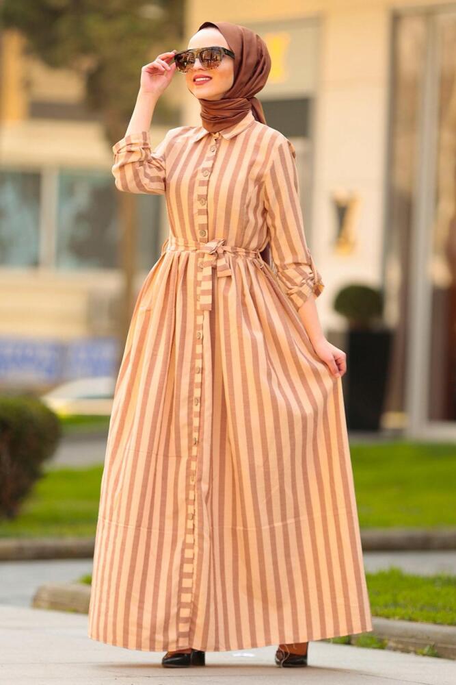 Nayla Collection - Düğmeli Kahverengi Tesettür Elbise 162462KH - 1