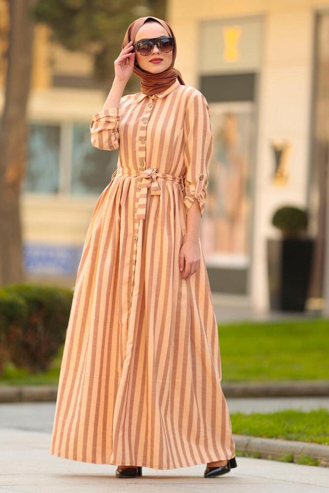 Nayla Collection - Düğmeli Kahverengi Tesettür Elbise 162462KH - 2
