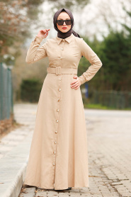 Nayla Collection - Düğmeli Kemerli Bej Tesettür Elbise 8409BEJ - Thumbnail