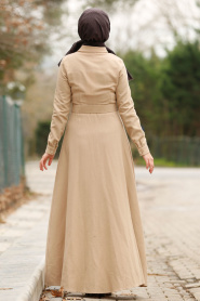 Nayla Collection - Düğmeli Kemerli Bej Tesettür Elbise 8409BEJ - Thumbnail