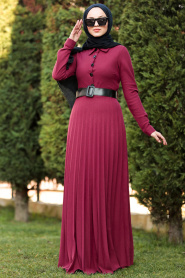 Nayla Collection - Düğmeli Kemerli Bordo Tesettür Elbise 8396BR - Thumbnail