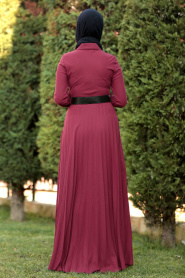 Nayla Collection - Düğmeli Kemerli Bordo Tesettür Elbise 8396BR - Thumbnail