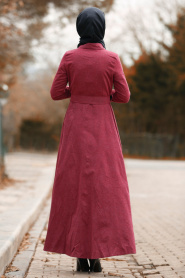 Nayla Collection - Düğmeli Kemerli Bordo Tesettür Elbise 8409BR - Thumbnail