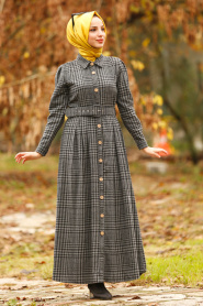 Nayla Collection - Düğmeli Kemerli Füme Tesettür Elbise 1593FU - Thumbnail