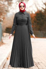 Nayla Collection - Düğmeli Kemerli Füme Tesettür Elbise 8396FU - Thumbnail