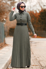Nayla Collection - Düğmeli Kemerli Haki Tesettür Elbise 8396HK - Thumbnail