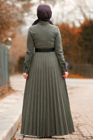 Nayla Collection - Düğmeli Kemerli Haki Tesettür Elbise 8396HK - Thumbnail