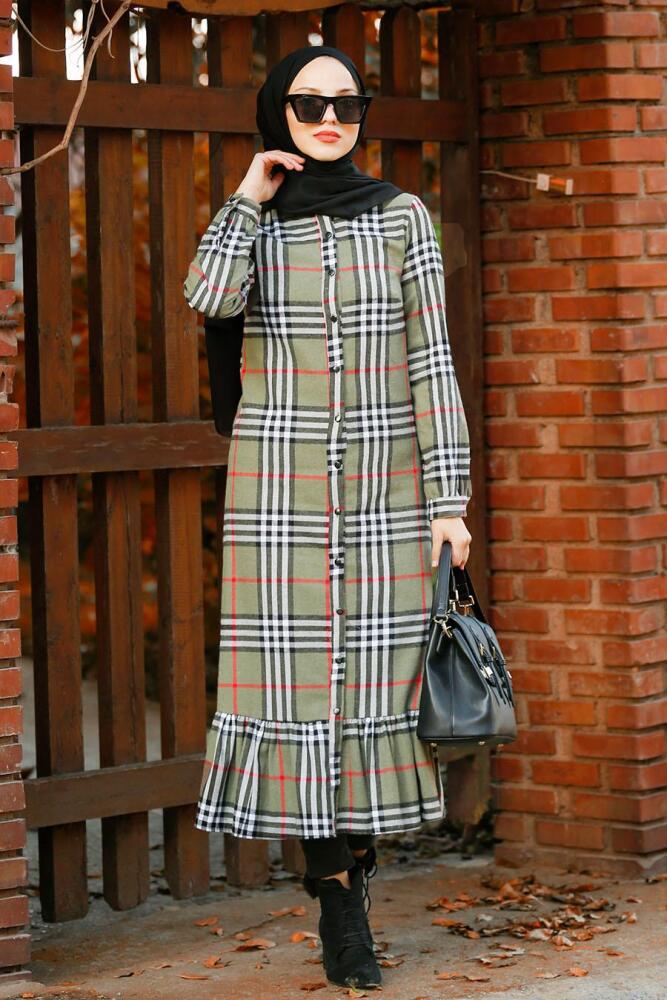 Nayla Collection - Düğmeli Kemerli Haki Tesettür Tunik 18227HK - 2