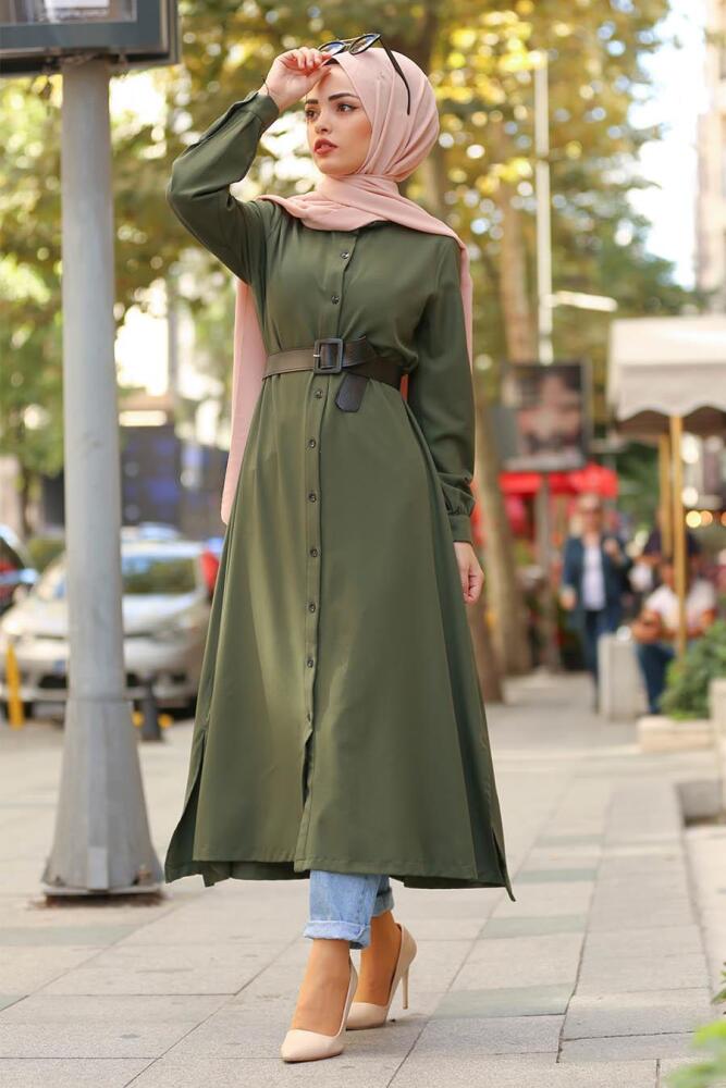 Nayla Collection - Düğmeli Kemerli Haki Tesettür Tunik 22370HK - 1