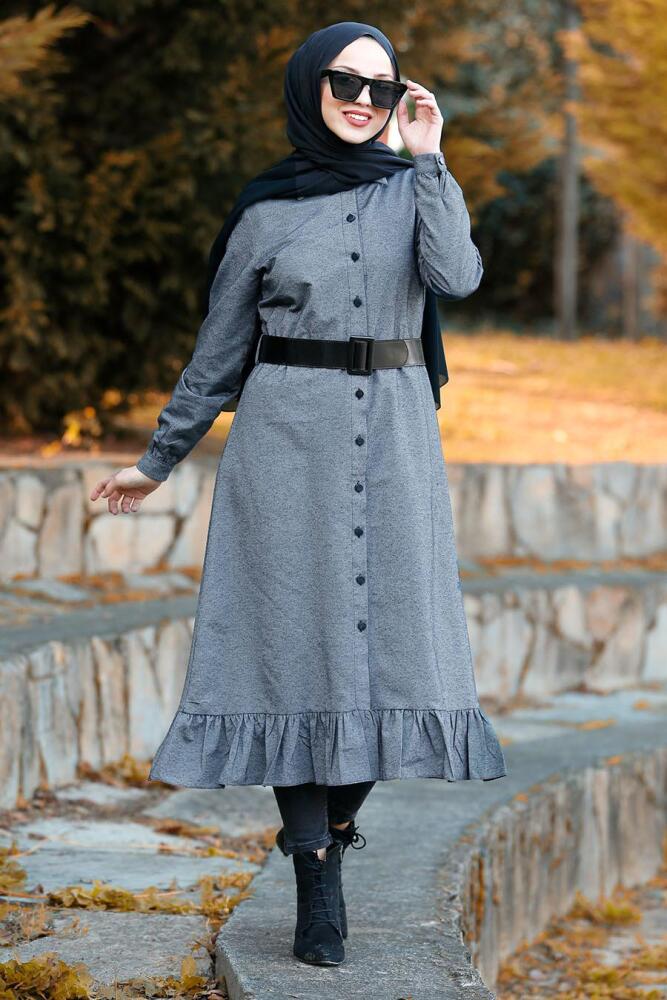 Nayla Collection - Düğmeli Kemerli İndigo Mavisi Tesettür Tunik 5410IM - 1