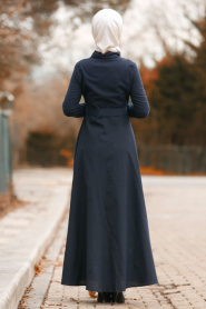 Nayla Collection - Düğmeli Kemerli Koyu Lacivert Tesettür Elbise 8409KL - Thumbnail