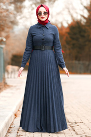 Nayla Collection - Düğmeli Kemerli Lacivert Tesettür Elbise 8396L - Thumbnail