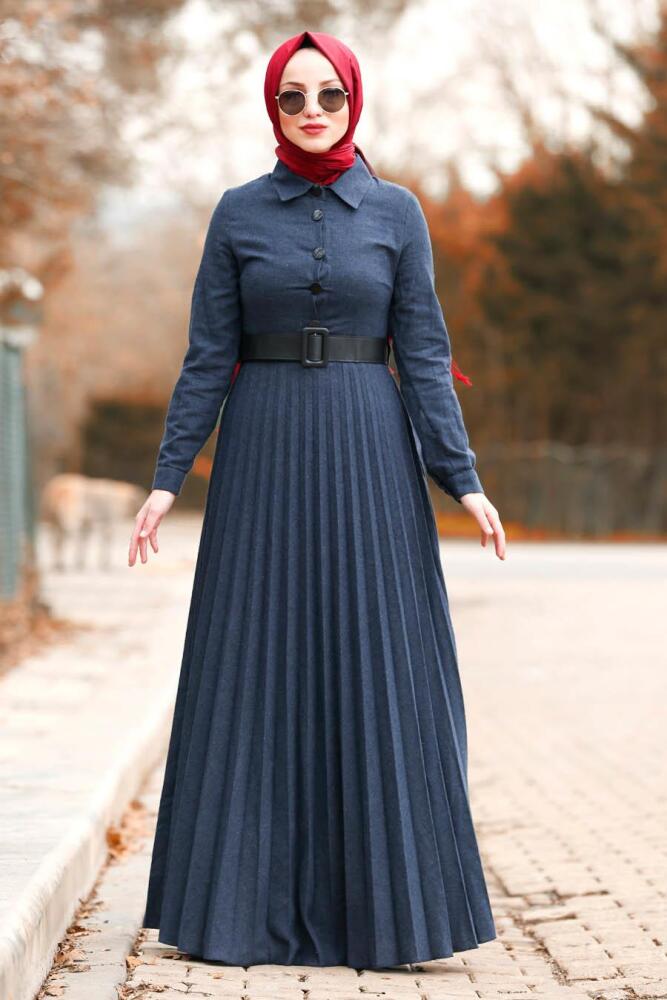 Nayla Collection - Düğmeli Kemerli Lacivert Tesettür Elbise 8396L - 1