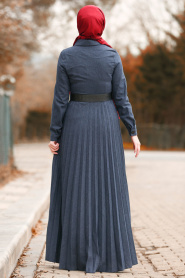 Nayla Collection - Düğmeli Kemerli Lacivert Tesettür Elbise 8396L - Thumbnail