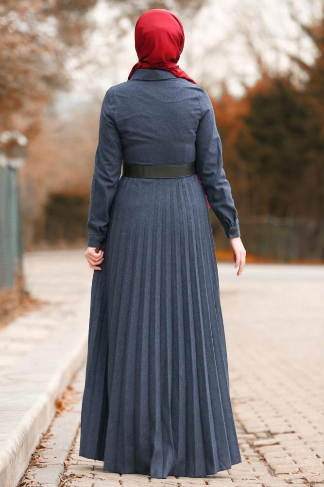 Nayla Collection - Düğmeli Kemerli Lacivert Tesettür Elbise 8396L - 2