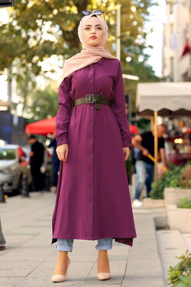 Nayla Collection - Düğmeli Kemerli Mor Tesettür Tunik 22370MOR - 1
