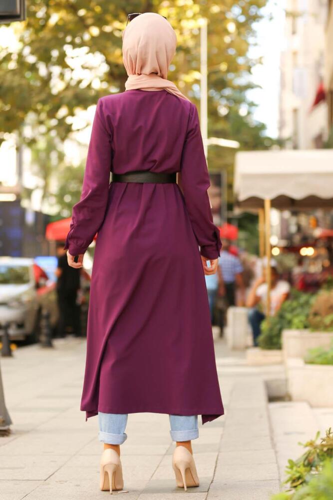 Nayla Collection - Düğmeli Kemerli Mor Tesettür Tunik 22370MOR - 2