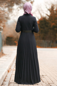 Nayla Collection - Düğmeli Kemerli Siyah Tesettür Elbise 8396S - Thumbnail