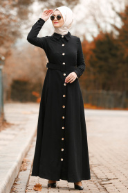 Nayla Collection - Düğmeli Kemerli Siyah Tesettür Elbise 8409S - Thumbnail