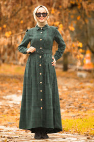 Nayla Collection - Düğmeli Kemerli Yeşil Tesettür Elbise 1593Y - Thumbnail